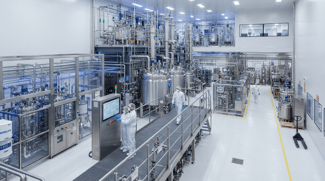 Wide view of a chemical production plant with reactor vessels and control platforms